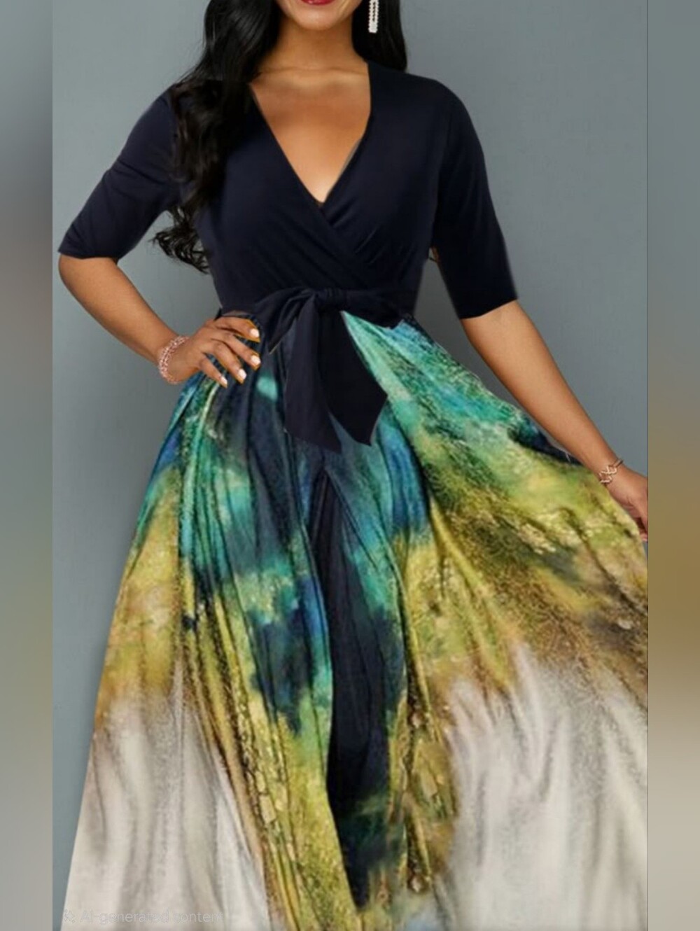 NWT Black & Blue Tie-Dye Maxi Dress - Elegant V-Neck With Self Sash Belt Size XL - Picture 6 of 10